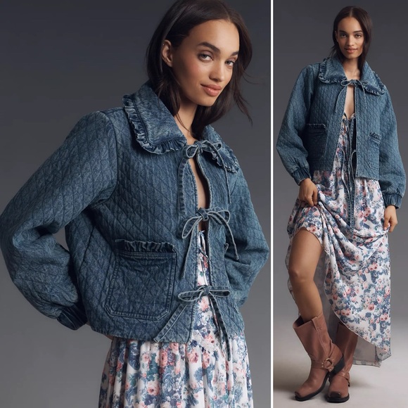 Avec Les Filles Jackets & Blazers - Anthropologie The Maura Bow-Tie Denim Jacket by Avec Les Filles - Medium